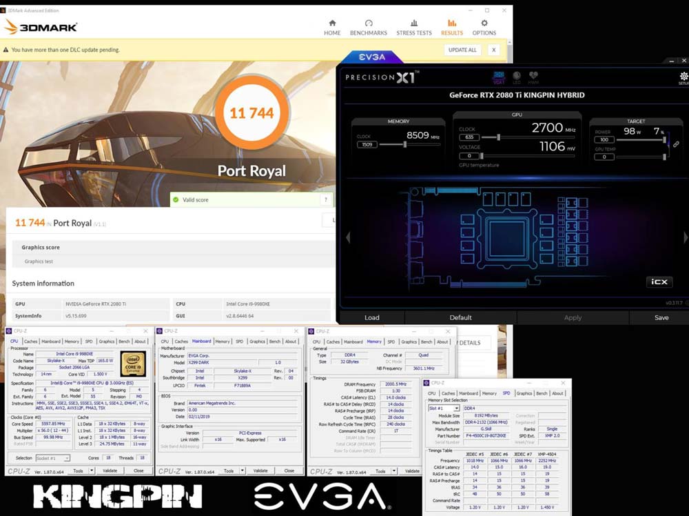 EVGA GeForce RTX 2080 Ti Kingpin, EVGA GeForce RTX 2080 Ti Kingpin Hybrid overclocked at global record 2.7GHz, Optocrypto