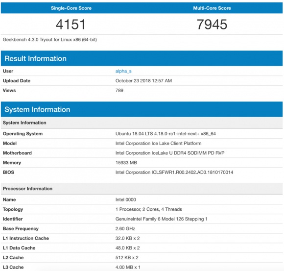 Intel Ice Lake, Intel Ice Lake Architecture Scanned in Geekbench with Cache Restructuring, Optocrypto