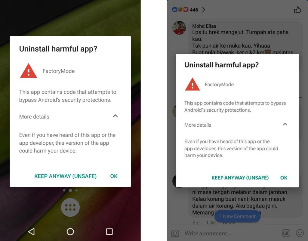 Google Play Protect warns of a potentially harmful app in OxygenOS 5.0.1 for OnePlus 3 / 3T