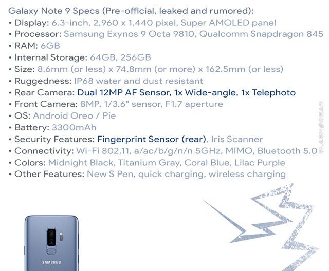 galaxy s9 note specs