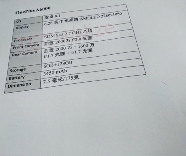 Alleged OnePlus 6 specification sheet leaks out
