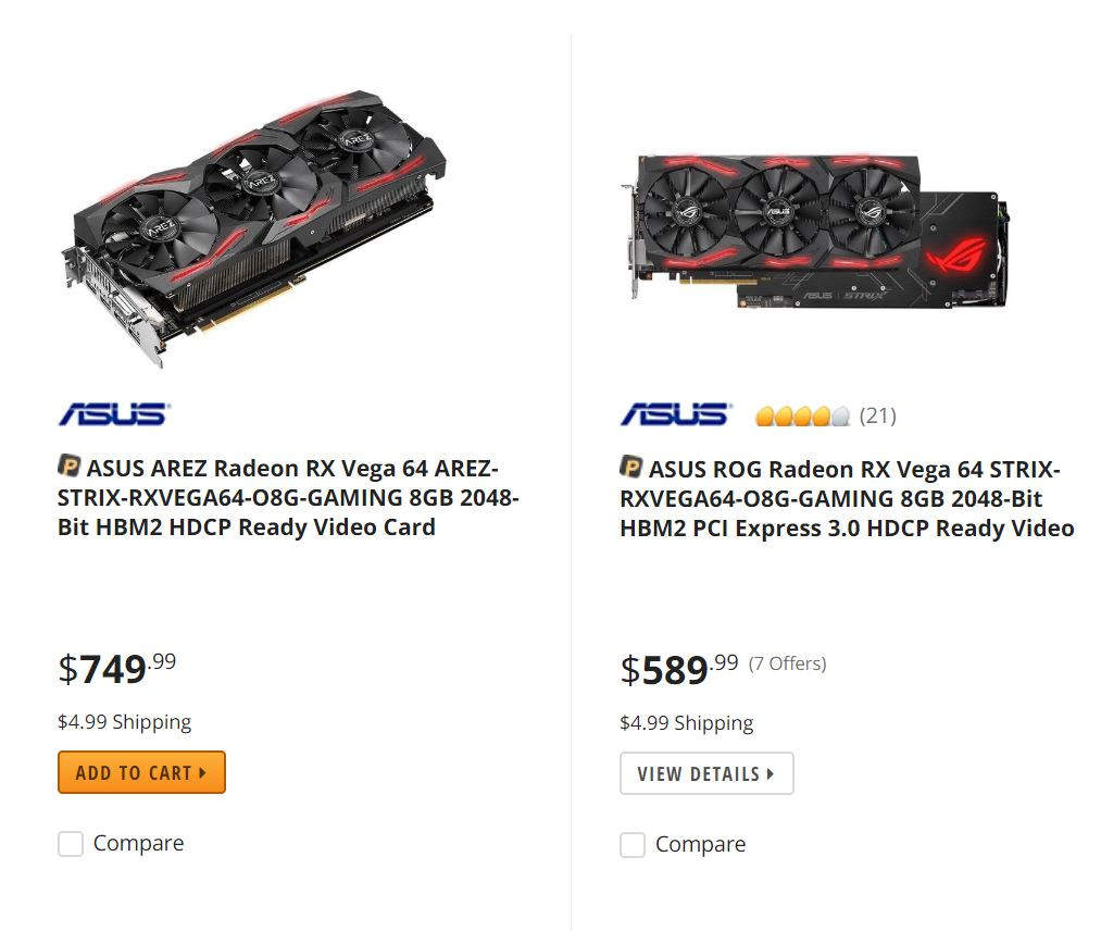 AREZ Strix Radeon RX Vega 64 listed for a price higher than the Asus ROG variant
