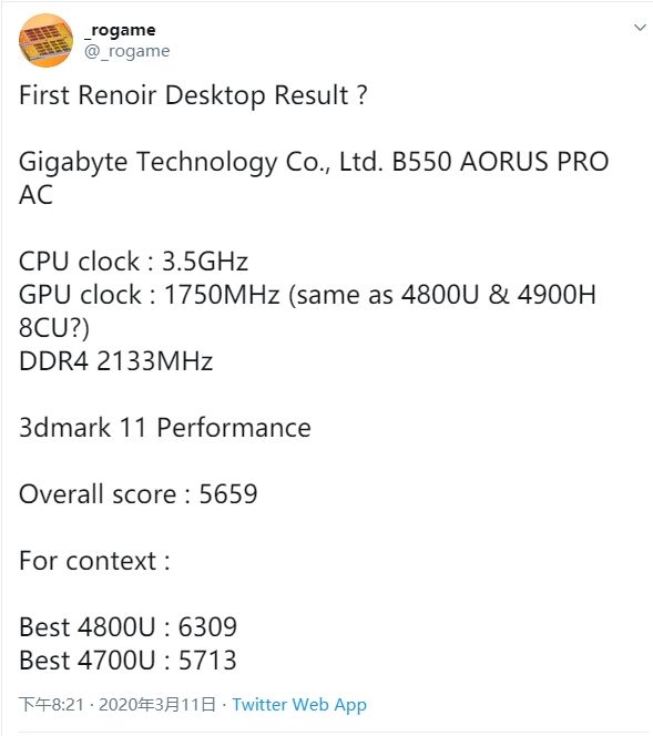 AMD Ryzen 4000 Renoir 3DMark 11 performance results are filtered