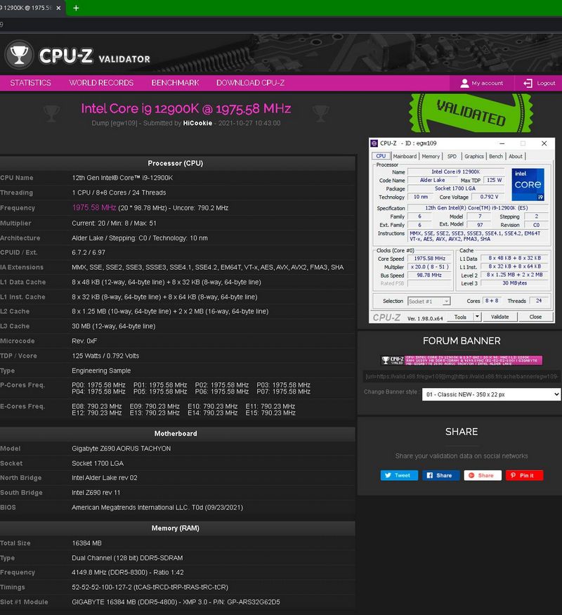 i9-12900K, Intel Core i9-12900K overclocked to 8 GHz while DDR5 memory overclocked to 8300 MT/s, Optocrypto