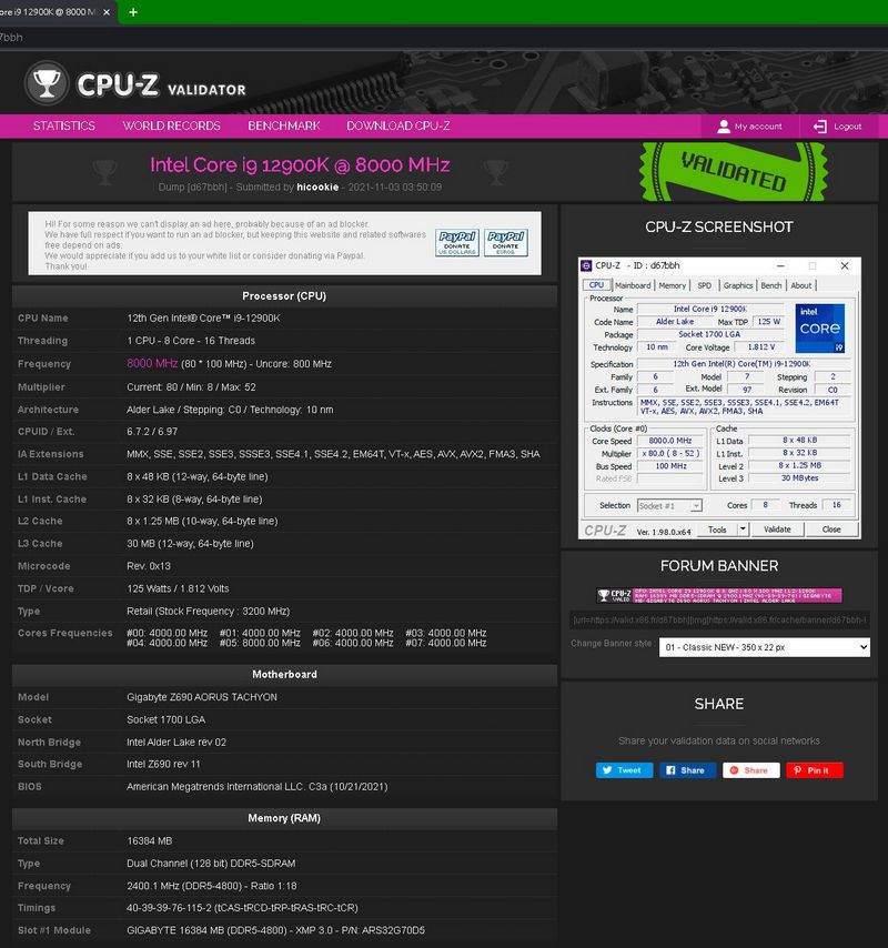 i9-12900K, Intel Core i9-12900K overclocked to 8 GHz while DDR5 memory overclocked to 8300 MT/s, Optocrypto