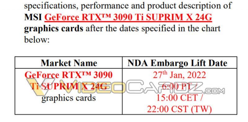 RTX 3090 Ti, Leaked documents confirm MSI&#8217;s RTX 3090 Ti SUPRIM X graphics card will be released on Jan. 27, 